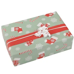 Papier Cadeau Double Face Sucres D'orge Et Chaussettes, Menthe / Rouge-DecoWoerner Outlet