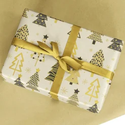 Papier Kraft Recyclé Avec Arbres De Noël Beige, Noir & Or - Rouleau De 50 M De Papier Cadeau-DecoWoerner Clearance