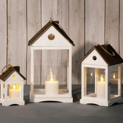 Photophore Lanterne Maisons En Bois Set 3 Pièces Marron-DecoWoerner Sale